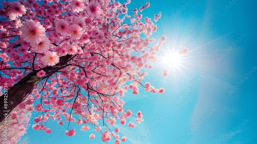 Stunning photo of a lush blooming cherry blossom tree with bright pink flowers and petals against a clear vibrant blue sky Peaceful serene and picturesque natural landscape scene Stunning photo of a lush blooming cherry blossom tree with bright pink flowers and petals against a clear vibrant blue sky Peaceful serene and picturesque natural landscape scene