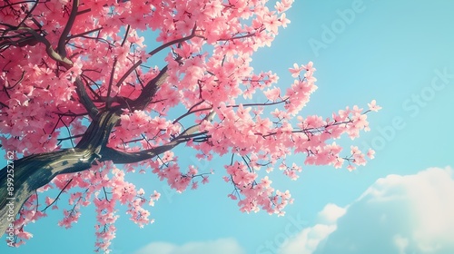 Stunning photograph of a cherry blossom tree in full bloom showcasing its beautiful pink flowers against a clear azure blue sky  Capture the essence of spring and nature s breathtaking beauty 
