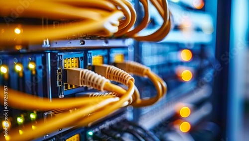 Yellow network cables connected to server boxes in an office. Information Technology Computer Network, Telecommunication Ethernet Cables Connected to Internet Switch In Data Center