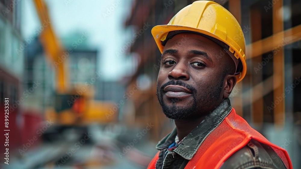 Construction Worker Portrait: A close-up portrait of a confident African-American construction worker, wearing a yellow hard hat and safety vest Construction Worker Portrait: A close-up portrait of a confident African-American construction worker, wearing a yellow hard hat and safety vest