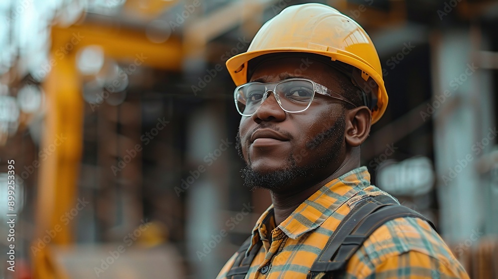 Focused Determination: A portrait of a black male engineer with a determined gaze, wearing a yellow hard hat and plaid shirt, standing confidently amidst a blurred industrial backdrop. 