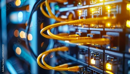 Yellow network cables connected to server boxes in an office. Information Technology Computer Network, Telecommunication Ethernet Cables Connected to Internet Switch In Data Center