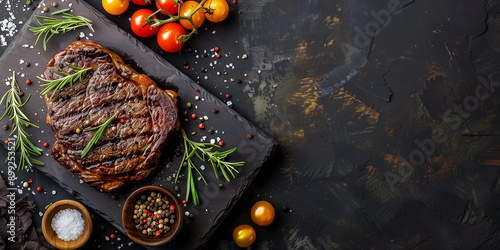 Leckeres Rumpsteak mit Beilagen und weiteren Zutaten. Schön serviert. photo