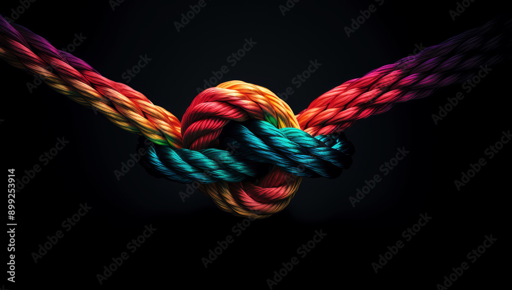 Close-up of colorful ropes tied together, symbolizing the strength and unity Close-up of colorful ropes tied together, symbolizing the strength and unity