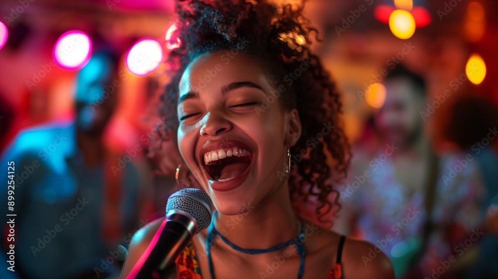 Friends having a fun karaoke night with laughter and singing capturing their joyful and affectionate relationships Friends having a fun karaoke night with laughter and singing capturing their joyful and affectionate relationships