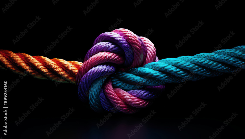 Close-up of colorful ropes tied together, symbolizing the strength and unity Close-up of colorful ropes tied together, symbolizing the strength and unity