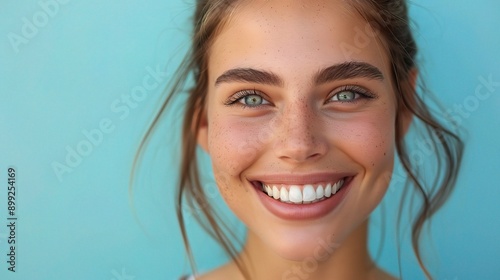 Radiant Smile on Turquoise: A young woman beams with confidence against a vibrant turquoise backdrop