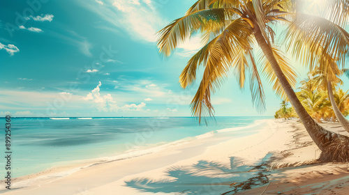 Beautiful tropical beach and sea with coconut palm tree on blue sky in Maldives island - Boost up color Processing 