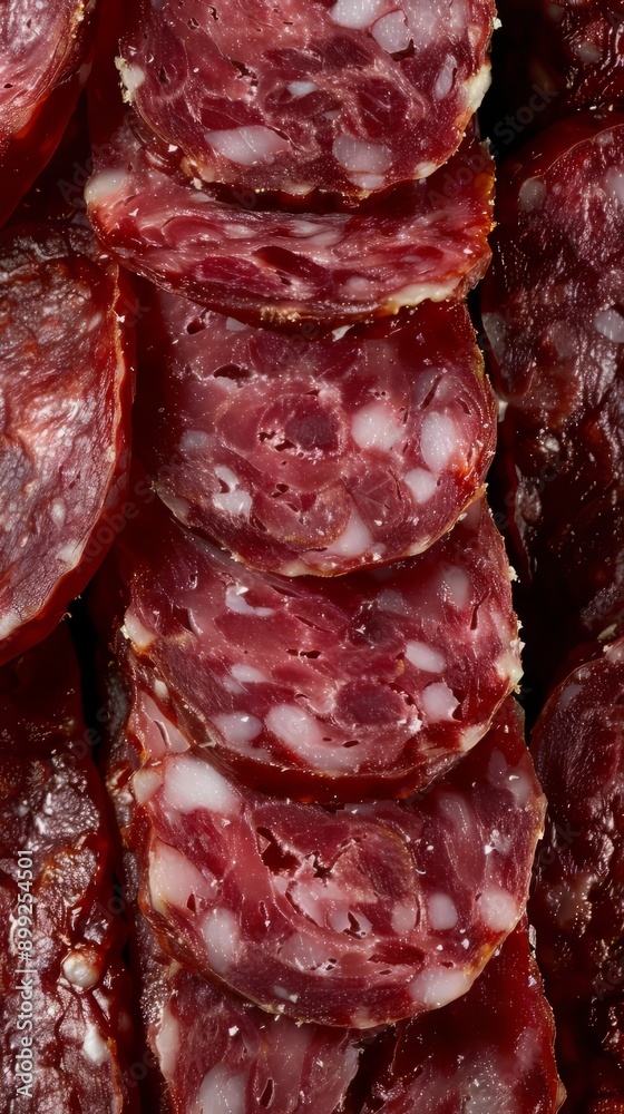 Close-up of thinly sliced spicy salami with white peppercorns Close-up of thinly sliced spicy salami with white peppercorns
