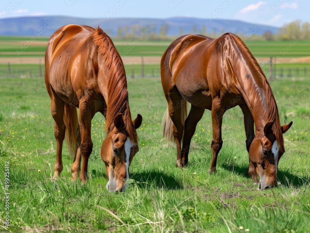 Fototapeta premium Two Chestnut Horses Grazing in a Lush Green Meadow