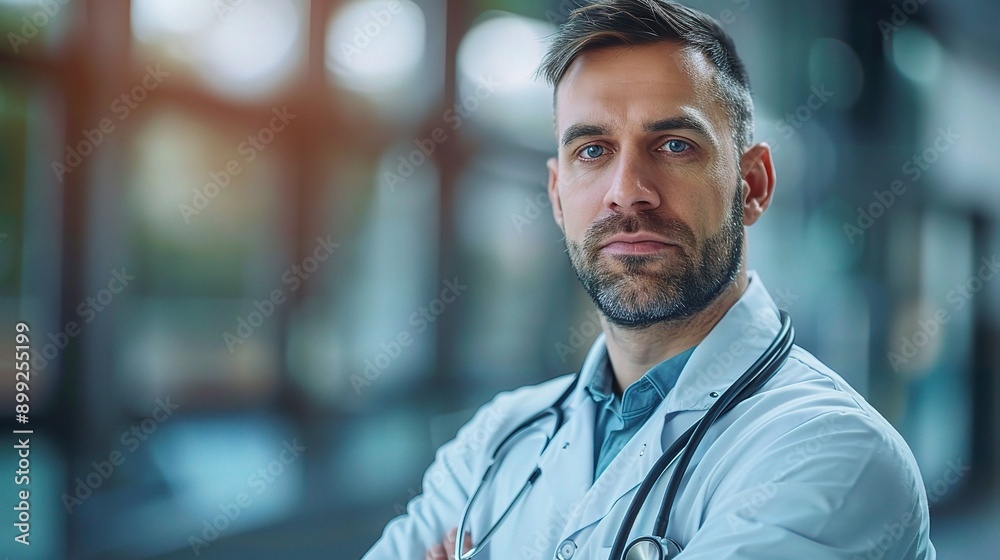 Stethoscope and Resolve: A portrait of a confident male doctor with a determined expression, arms crossed, and stethoscope draped around his neck, against a modern hospital backdrop. Stethoscope and Resolve: A portrait of a confident male doctor with a determined expression, arms crossed, and stethoscope draped around his neck, against a modern hospital backdrop.