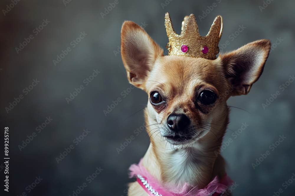 A glamorous Chihuahua wearing a golden crown adorned with pink jewels and a pink frilly collar, posing against a dark, blurred background.............. A glamorous Chihuahua wearing a golden crown adorned with pink jewels and a pink frilly collar, posing against a dark, blurred background..............