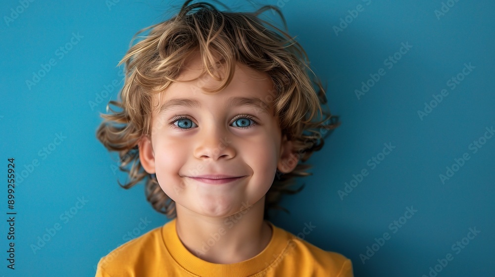 Little Boy's Joyful Smile: A close-up portrait of a cute little boy with curly blonde hair and bright blue eyes, beaming with happiness against a vibrant blue background. Little Boy's Joyful Smile: A close-up portrait of a cute little boy with curly blonde hair and bright blue eyes, beaming with happiness against a vibrant blue background.