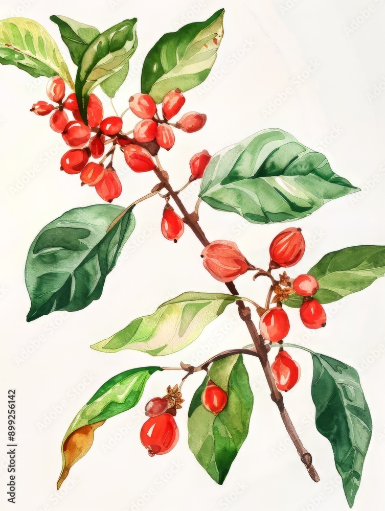 Watercolor Painting of a Branch with Red Berries and Green Leaves Watercolor Painting of a Branch with Red Berries and Green Leaves