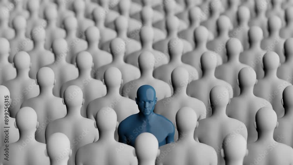 Standing Out in Crowd of Identical Figures. Unique and Individual. Blue and White. 4K Video Standing Out in Crowd of Identical Figures. Unique and Individual. Blue and White. 4K Video