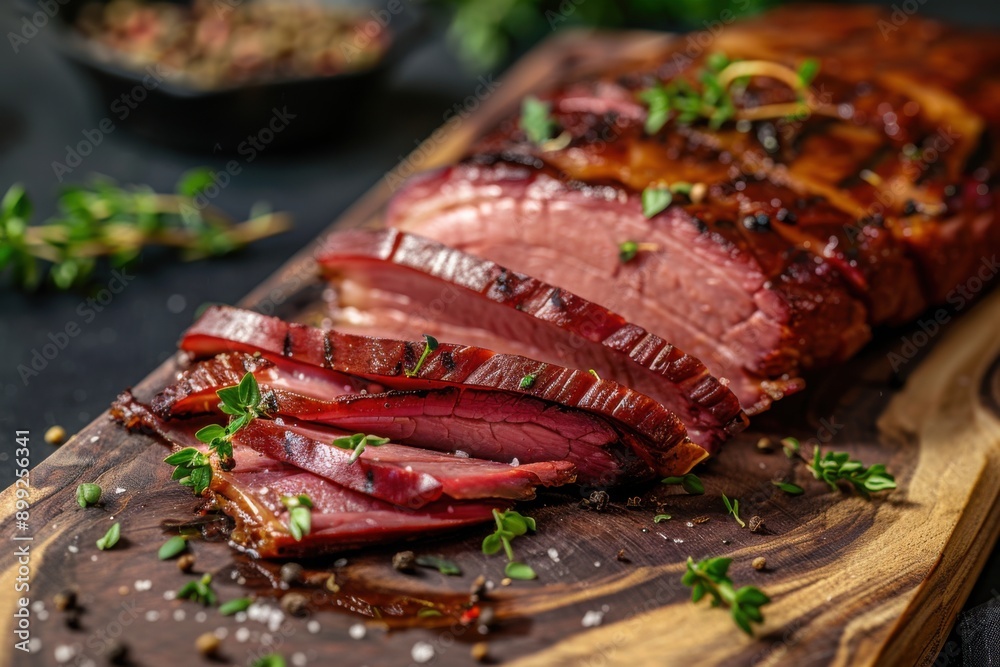 Sliced Smoked Brisket on Wooden Board