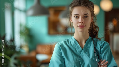 Confident Healthcare Professional: A young female doctor or nurse in teal scrubs stands confidently in a modern medical clinic, exuding professionalism and capability. 