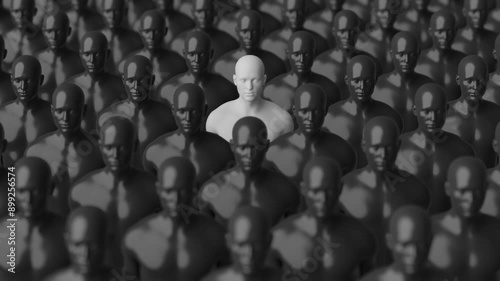 Standing Out in Crowd of Identical Figures. Unique and Individual. Black and White. 4K Video