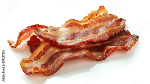 Bacon with golden brown color on solid white background, single object