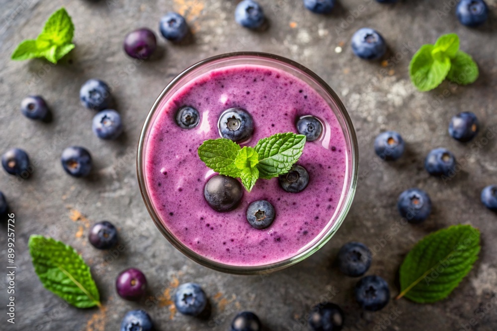 A glass of purple smoothie with blueberries and mint leaves A glass of purple smoothie with blueberries and mint leaves