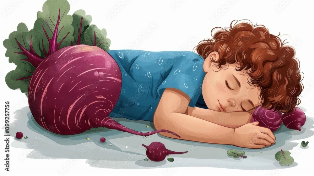 Fototapeta premium A cartoon child sleeping on a beetroot