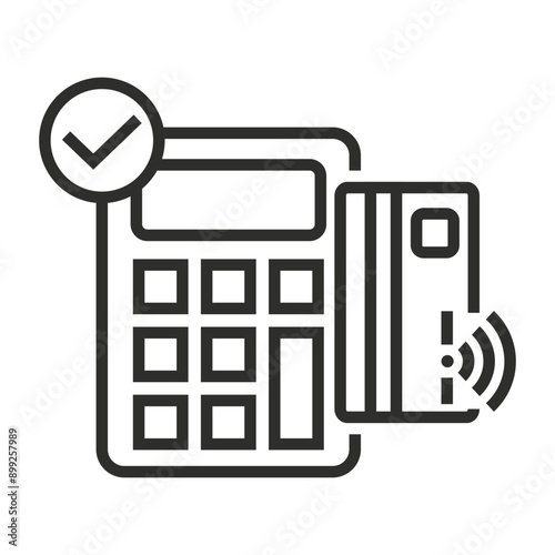 Contactless card reader with check mark icon, symbol of successful transaction outline icon, editable vector illustration and transparent graphic element. Isolated on white background