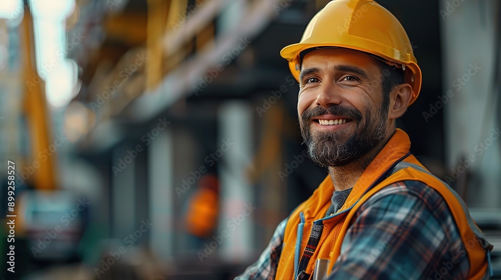 The Builder's Grin: A portrait of a confident construction worker, radiating job satisfaction in his orange hard hat and vest. The Builder's Grin: A portrait of a confident construction worker, radiating job satisfaction in his orange hard hat and vest.