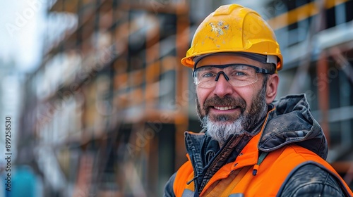 Confident Construction Worker: A portrait of a skilled construction worker with a confident smile, wearing a safety helmet and vest, on a busy construction site.