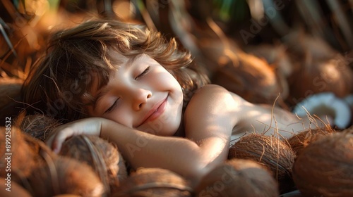 A cartoon child sleeping on a coconut