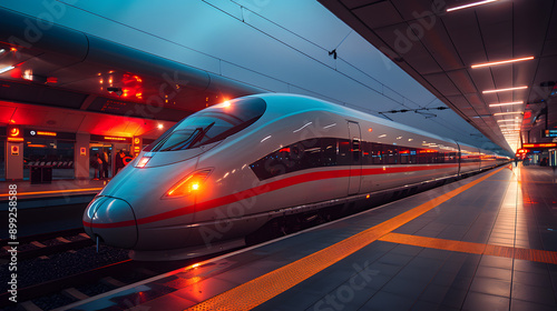 During twilight, a sleek, highspeed train is showcased at a modern railway station, representing advanced infrastructure and fast transportation with cuttingedge design elements