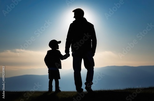 Happy family, father and son in the park silhouettes. Silhouette of people outdoors. Father holds his son's hand. father's day Dream of the freedom of the outdoors. Parent with little son.