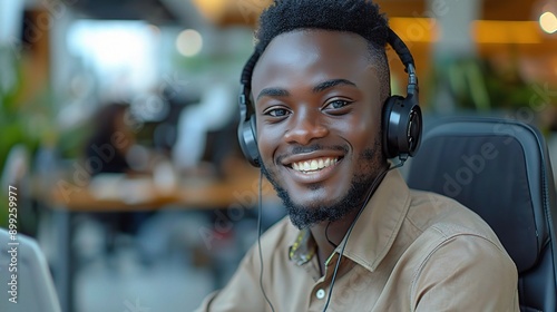 Customer Service with a Smile: A young, confident Black professional exudes enthusiasm and expertise in a bustling call center environment. 