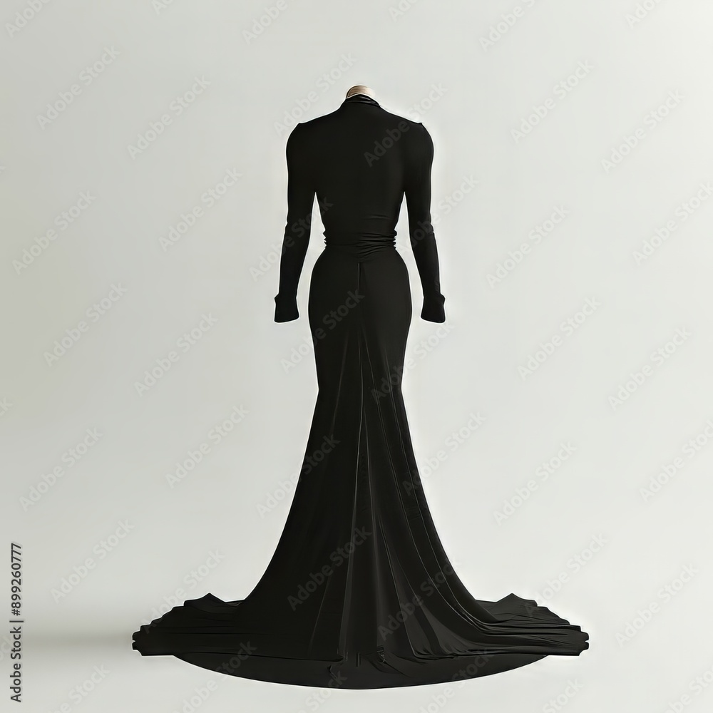 Black Evening Gown with Long Sleeves and Train