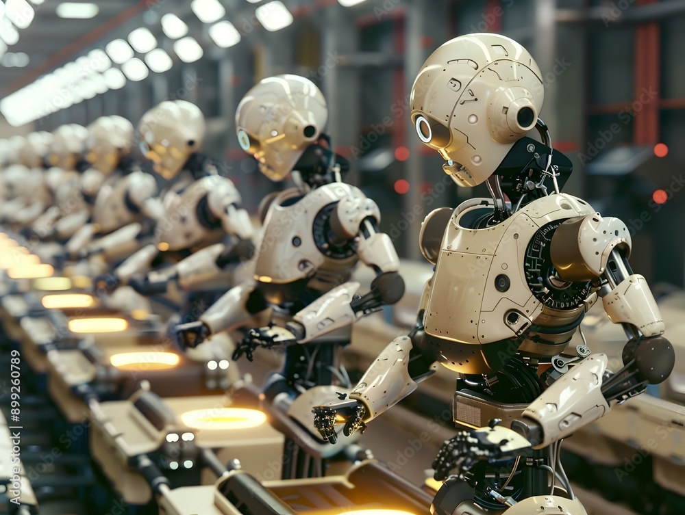 Fototapeta premium An image depicting a line of futuristic robots and systems automating manufacturing and customer service jobs