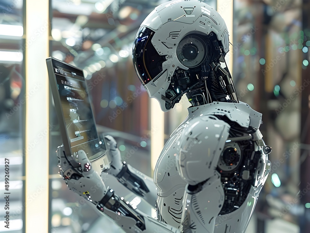 Fototapeta premium A futuristic humanoid robot with a metallic and chrome plated exterior closely examining and interacting with a high tech digital interface 