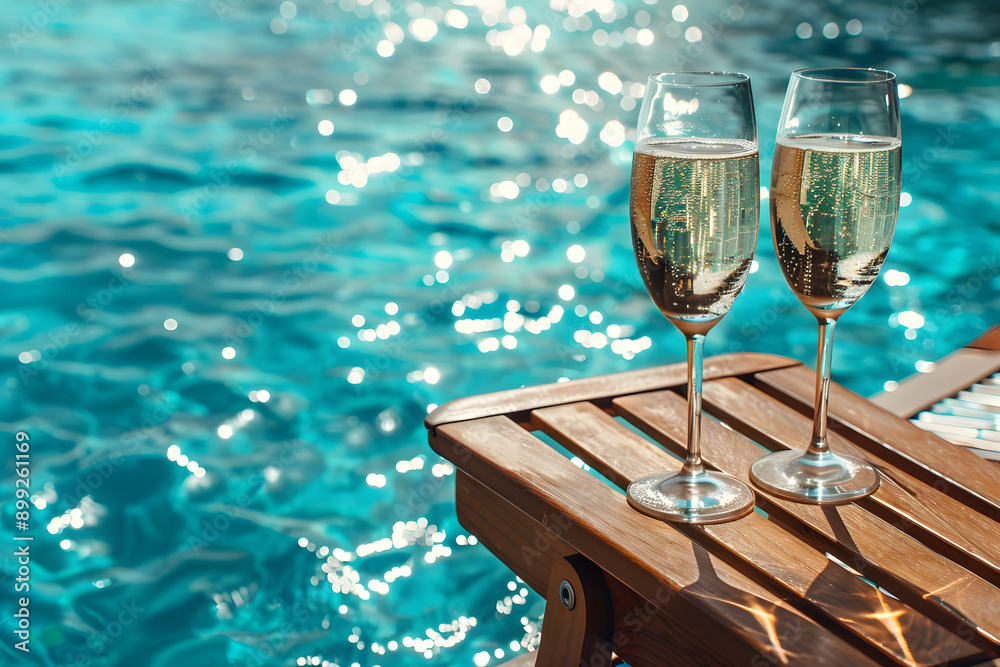 Two elegant glasses of sparkling wine are placed on a wooden table beside a pool, with the sun reflecting on the water. A tranquil scene ideal for relaxation and leisure