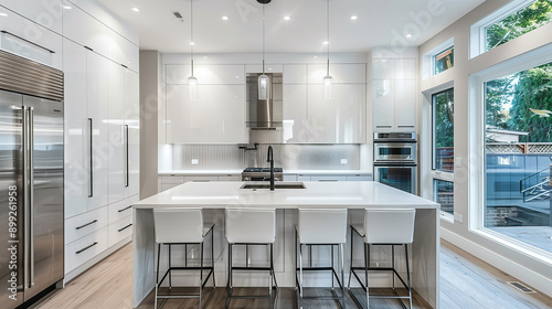 A sleek and modern kitchen featuring contemporary design elements. The kitchen is equipped with a large white island with bar stools, stainless steel appliances, and minimalist white cabinetry © ksu_ok
