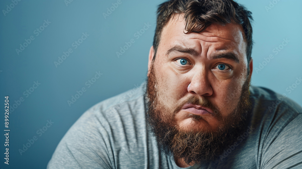 Fototapeta premium Close-up portrait of a heavyset man with a distressed expression, studio background.