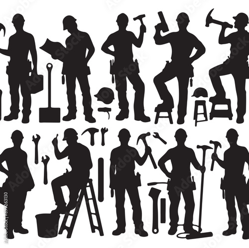 Set of Builder worker silhouette vector image with white background