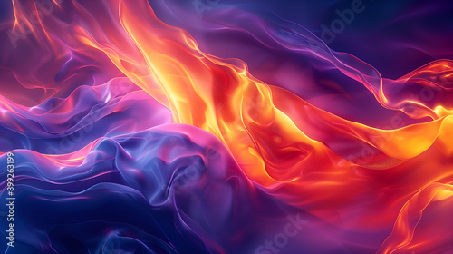 Abstract featuring a vibrant, fluid-like shape with glowing, multicolored gradients. The colors transition seamlessly from blues and purples to bright oranges and yellows