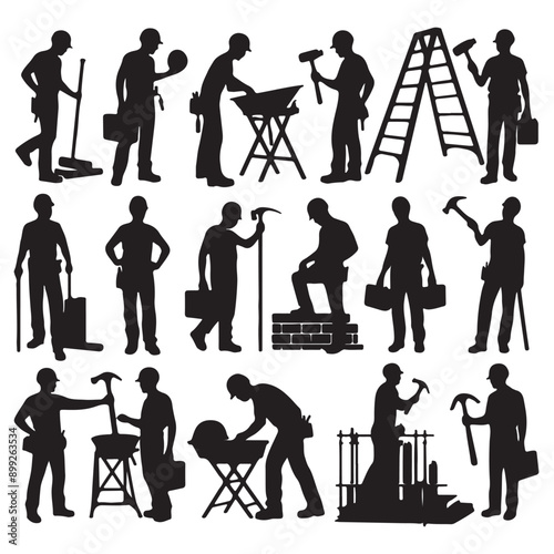 Set of Builder worker silhouette vector image with white background