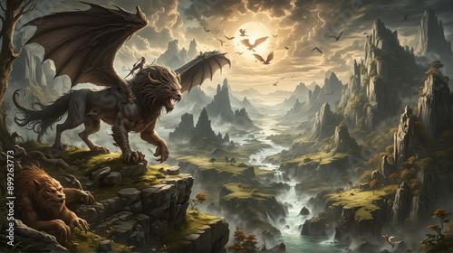 Mythical Folklore Scene with Legendary Hero and Creatures photo