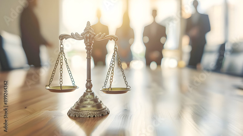 A close up photograph of the intricately detailed scales of justice set on a polished wooden surface with a professional legal team standing in a blurred background