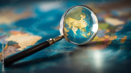 World map viewed through a magnifying glass