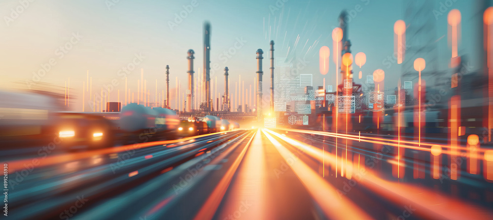 Fototapeta premium a city skyline with a bright orange and blue sky by AI generated image