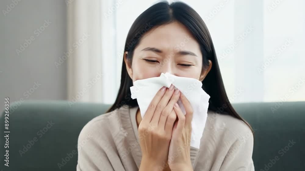 Concept of healthcare: sick young Asian woman blowing her nose with a tissue while lounging on a couch Concept of healthcare: sick young Asian woman blowing her nose with a tissue while lounging on a couch