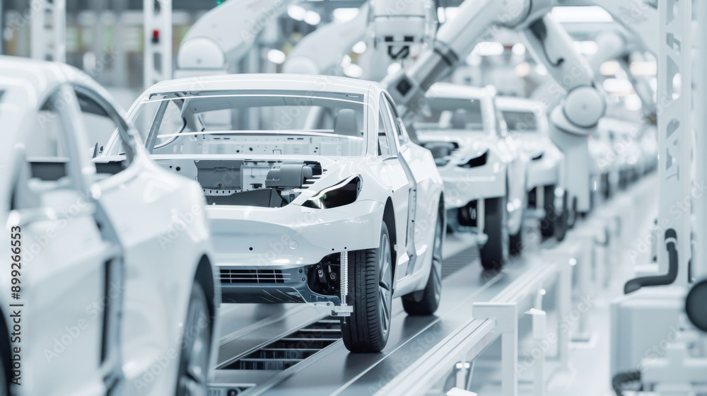 Naklejka premium A modern car production line with cars on the conveyor belt