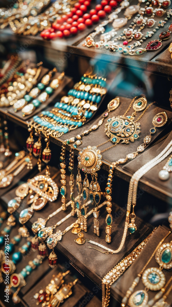 Fototapeta premium Traditional old oriental jewelry made of gold and gems, displayed in an old middle eastern jewelry store