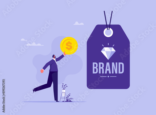 Business branding and marketing advertising promotion concept, customer holding money coin for buying premium or best quality product. brand awareness campaign