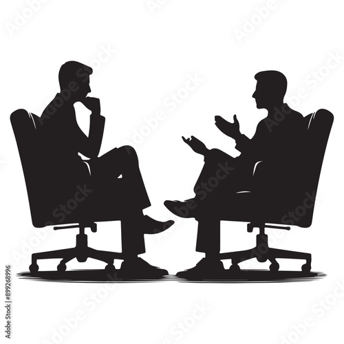 Two people having a conversation. Two business people having meeting silhouette. Two businessmen sitting in chair having a discussion